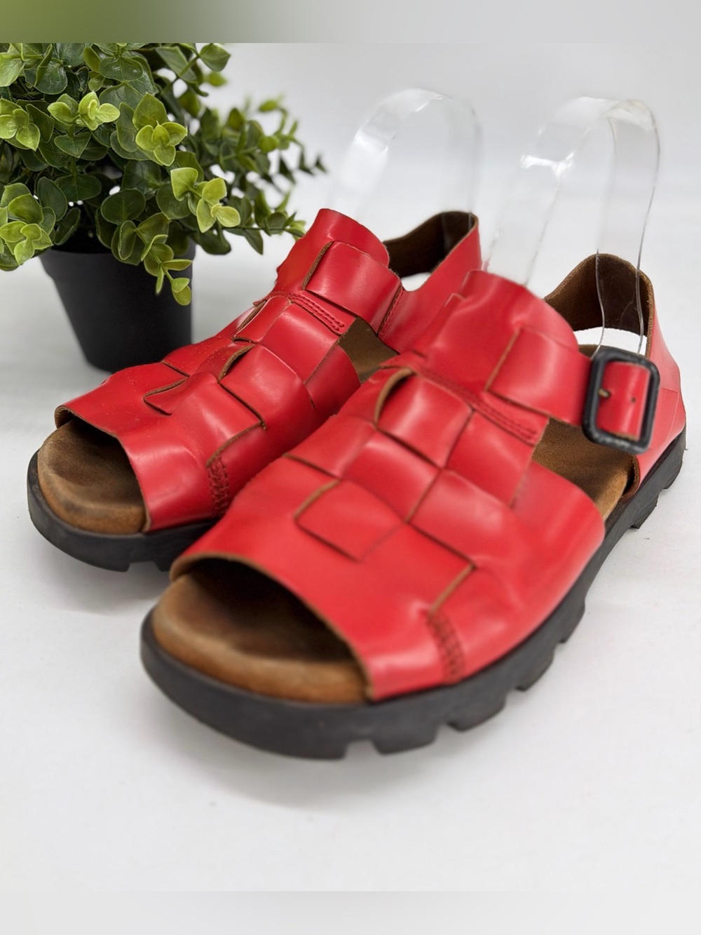 Camper Brutus Woven Leather Red Calfskin Sandal Size 39 Lugsoles Outdoor